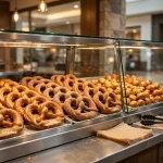 wetzels pretzels working hours: fresh pretzels display in a mall shop