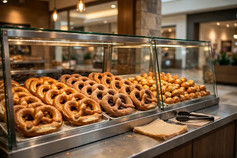 wetzels pretzels working hours: fresh pretzels display in a mall shop