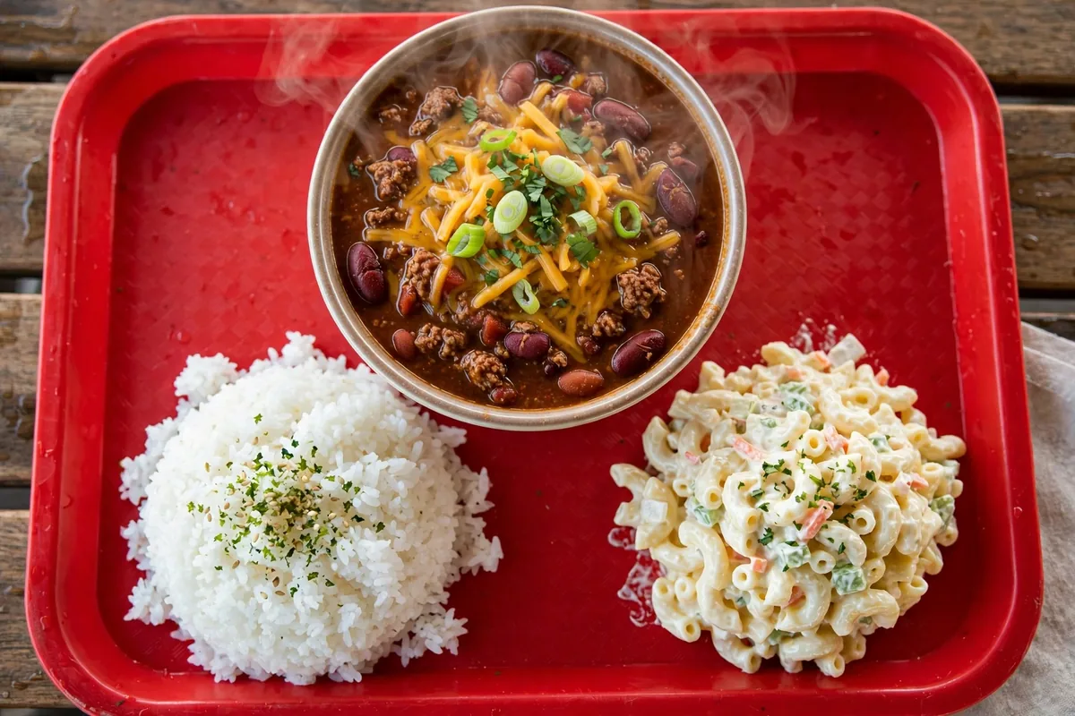 Zippy's deals: chili with rice and macaroni salad on a red tray