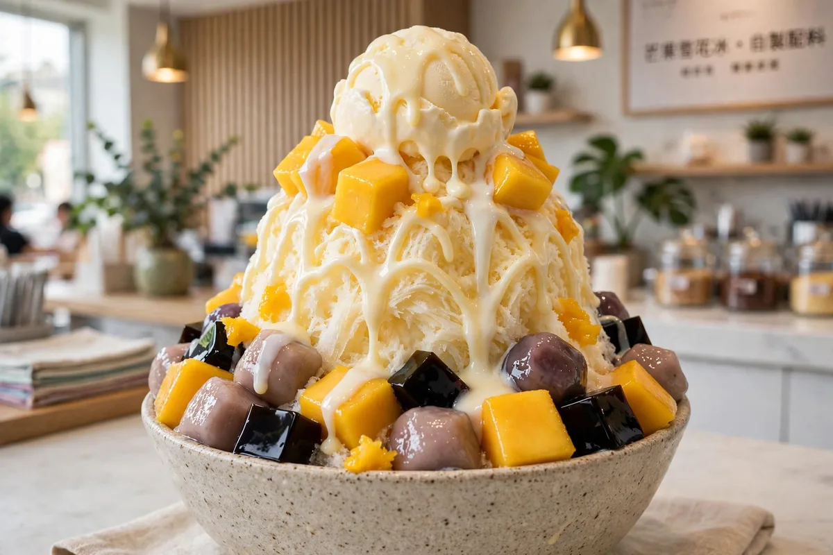 Meet fresh menu 2026 mango shaved ice with taro balls and grass jelly
