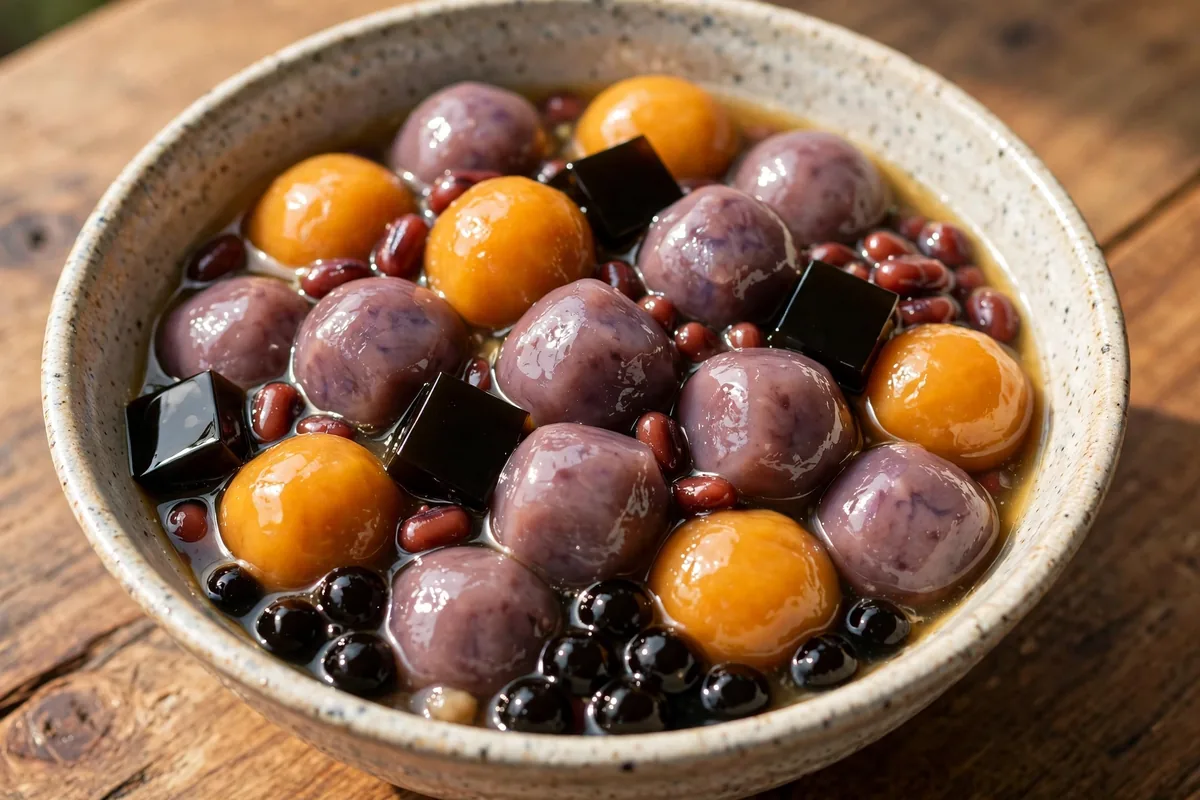 Meet Fresh menu prices 2026: taro ball dessert bowl with grass jelly close-up
