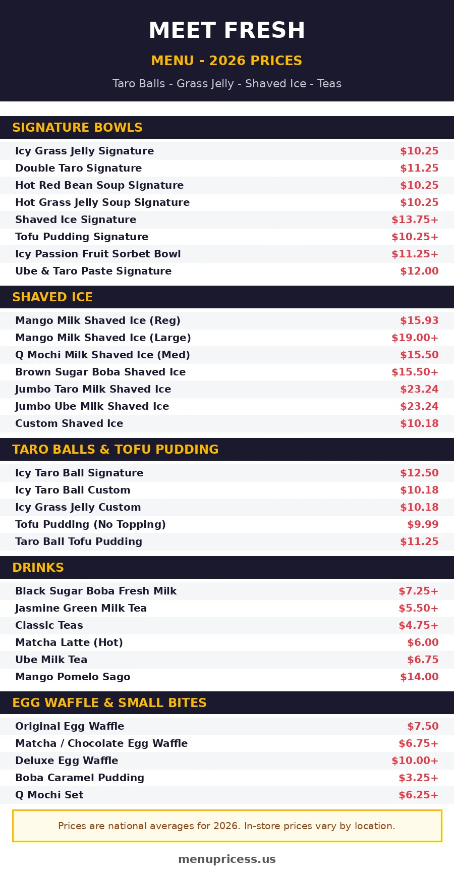 Meet Fresh menu 2026 price card with signature bowls and drink prices