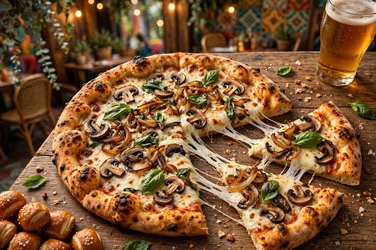 Mellow Mushroom menu stone-baked pizza with mushrooms and melted cheese