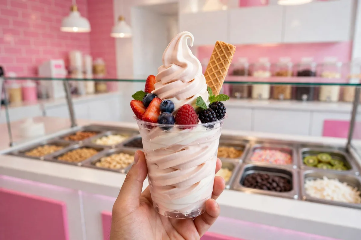 Menchie's frozen yogurt cup with fresh berries at the self serve toppings bar, menchies frozen yogurt prices 2026