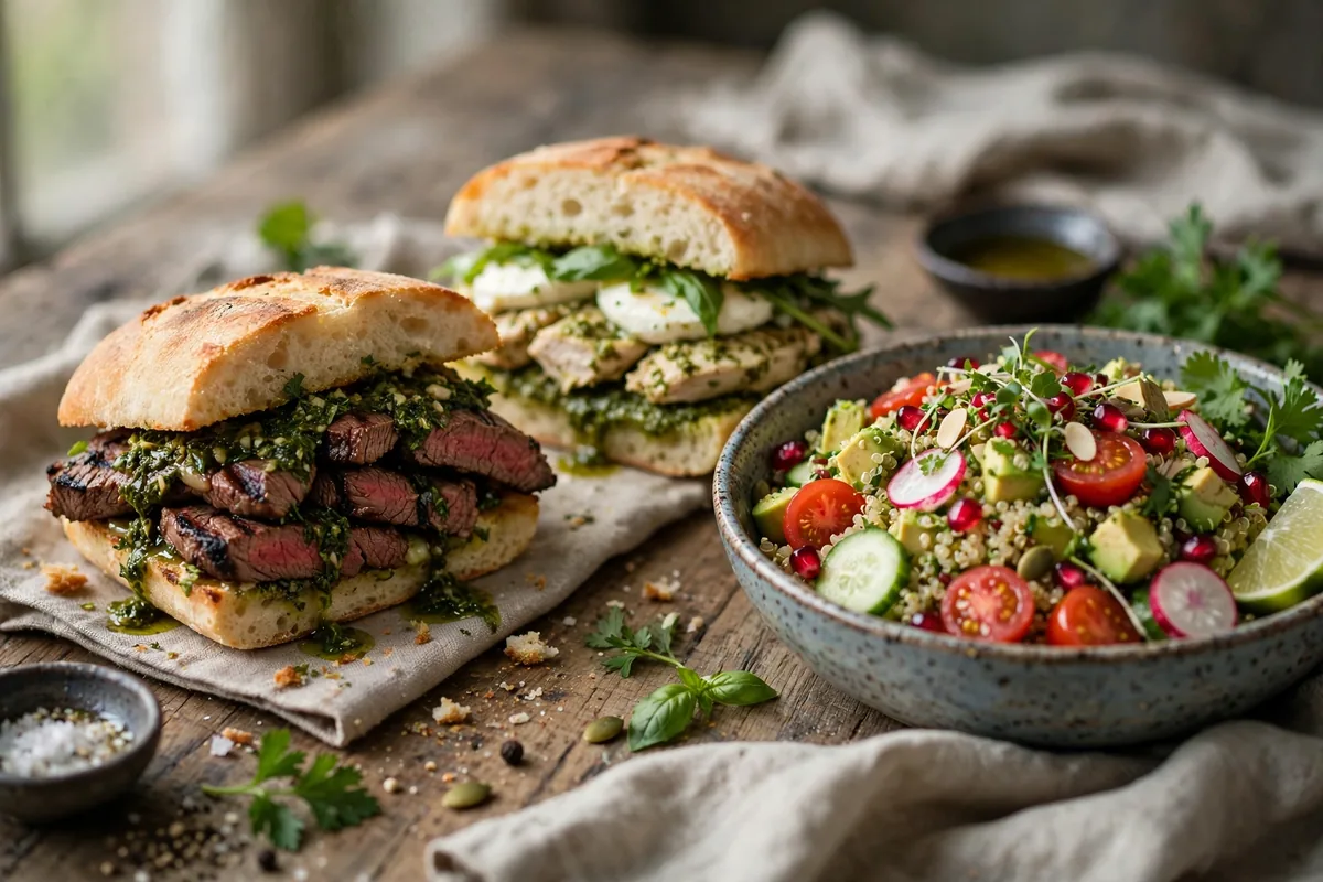 Mendocino Farms menu prices 2026 steak sandwich chicken pesto sandwich and quinoa salad bowl
