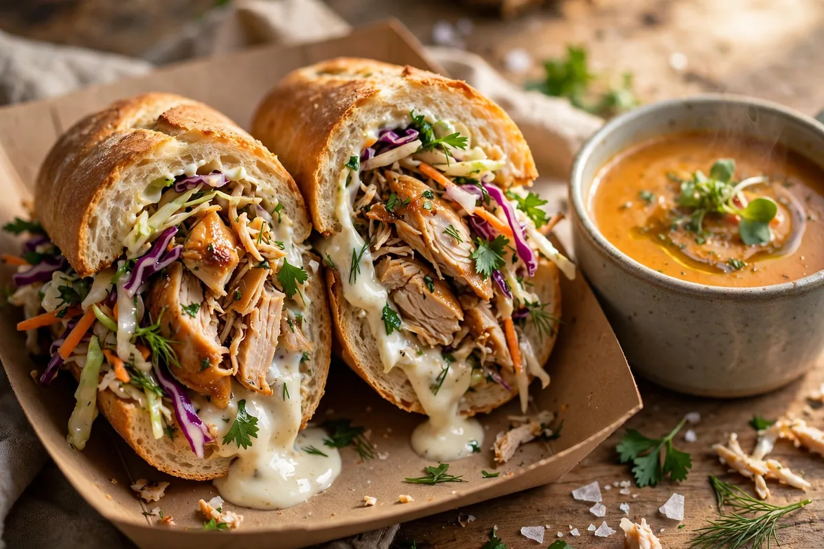Mendocino Farms sandwich close-up, signature chicken sandwich with slaw and soup