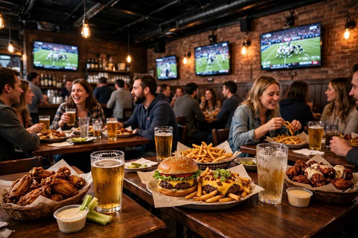 Miller's Ale House menu prices sports bar interior with wings baskets and game on TV
