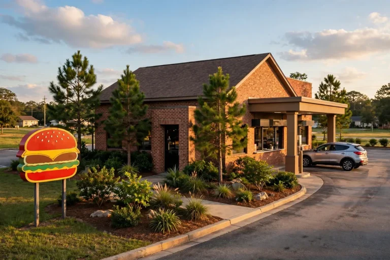 Milo's Hamburgers locations near me, Alabama burger restaurant storefront at golden hour
