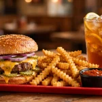 Milo's hamburgers menu prices 2026: cheeseburger with seasoned crinkle-cut fries and sweet tea