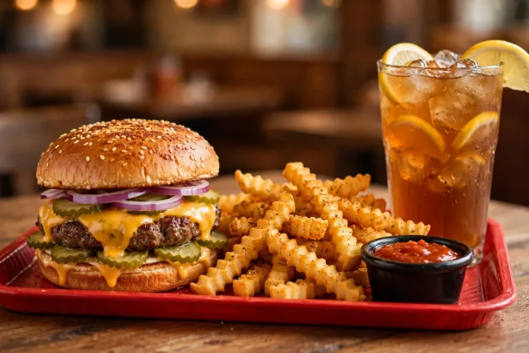 Milo's hamburgers menu prices 2026: cheeseburger with seasoned crinkle-cut fries and sweet tea