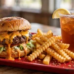 Milo's Hamburgers secret menu guide: dripping cheeseburger, crinkle-cut fries and sweet tea on a red tray
