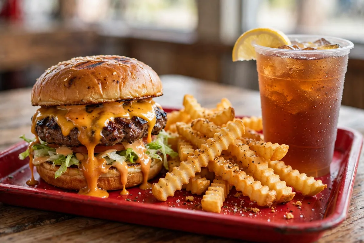 Milo's Hamburgers secret menu guide: dripping cheeseburger, crinkle-cut fries and sweet tea on a red tray