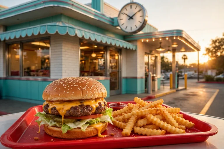 Milo's Hamburgers working hours storefront with clock