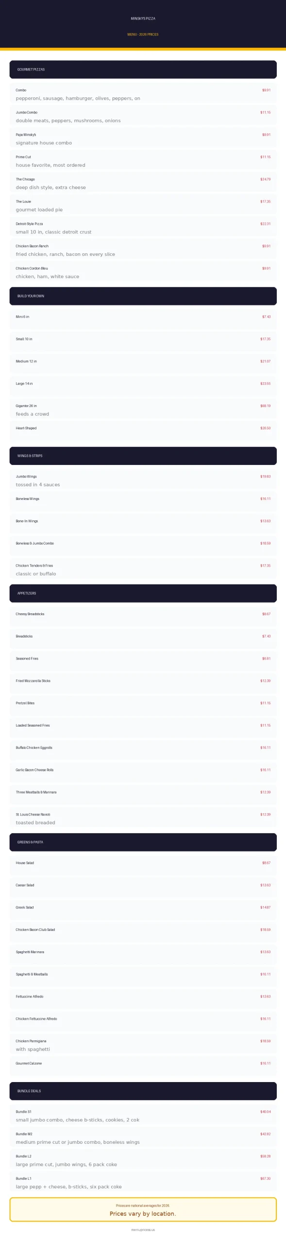Minskys pizza menu prices 2026 full menu card with prices