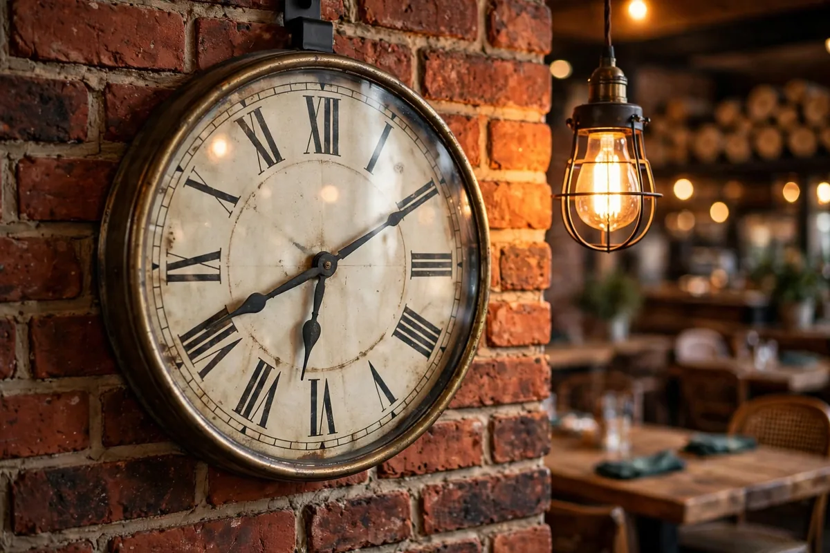 Mission BBQ working hours: vintage wall clock in the restaurant dining room