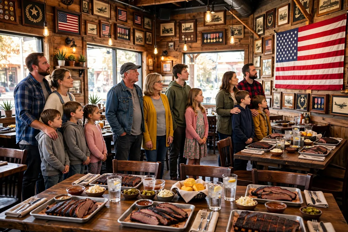 Mission BBQ dining room standing for the daily noon National Anthem during working hours