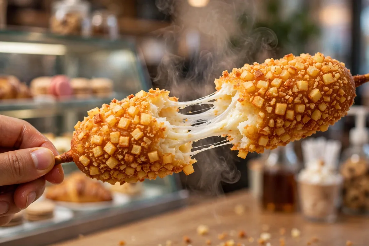 Mochinut Korean rice corn dog menu prices: cheese pull from a crispy potato-coated mozzarella dog