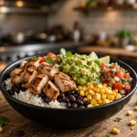 Moe's Southwest Grill burrito bowl with chicken, rice, beans and fresh toppings