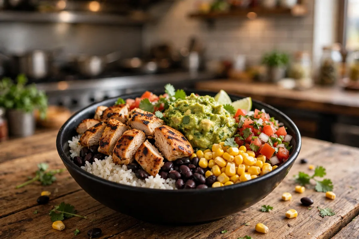 Moe's Southwest Grill burrito bowl with chicken, rice, beans and fresh toppings