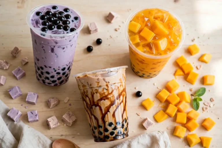 Möge Tee menu boba tea flat lay brown sugar bubble milk tea prices