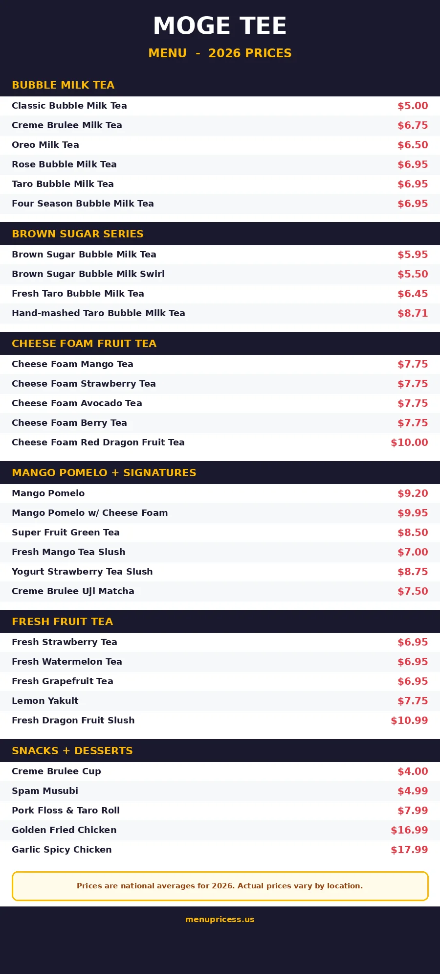 Moge Tee menu prices 2026 full menu card with drink prices