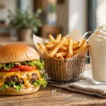 MOOYAH menu calories - cheeseburger with fries and shake
