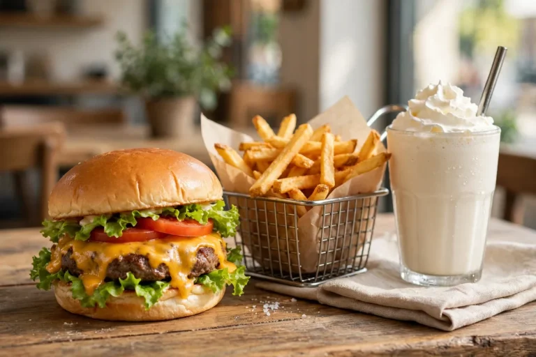 MOOYAH menu calories - cheeseburger with fries and shake