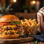 MOOYAH double cheeseburger with fries and chocolate milkshake.