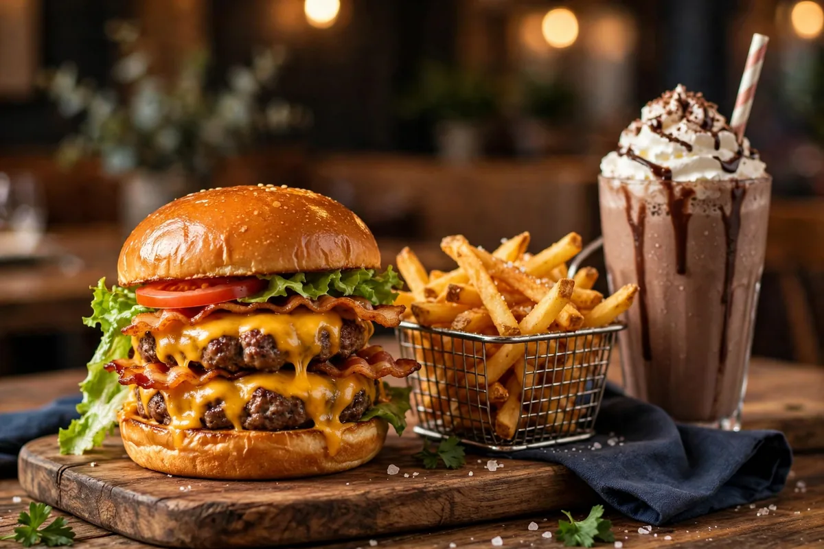 MOOYAH double cheeseburger with fries and chocolate milkshake.