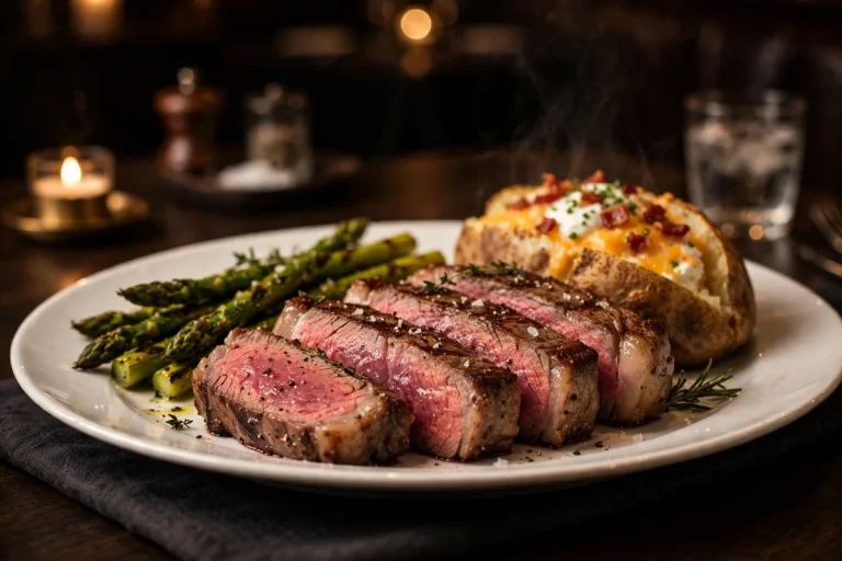 Mortons steakhouse menu prices 2026 prime ribeye steak with loaded baked potato and asparagus
