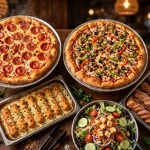 Mr Gatti's pizza menu prices 2026 buffet spread with pepperoni and supreme pizzas.