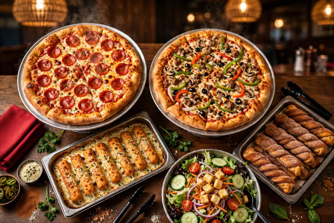 Mr Gatti's pizza menu prices 2026 buffet spread with pepperoni and supreme pizzas.
