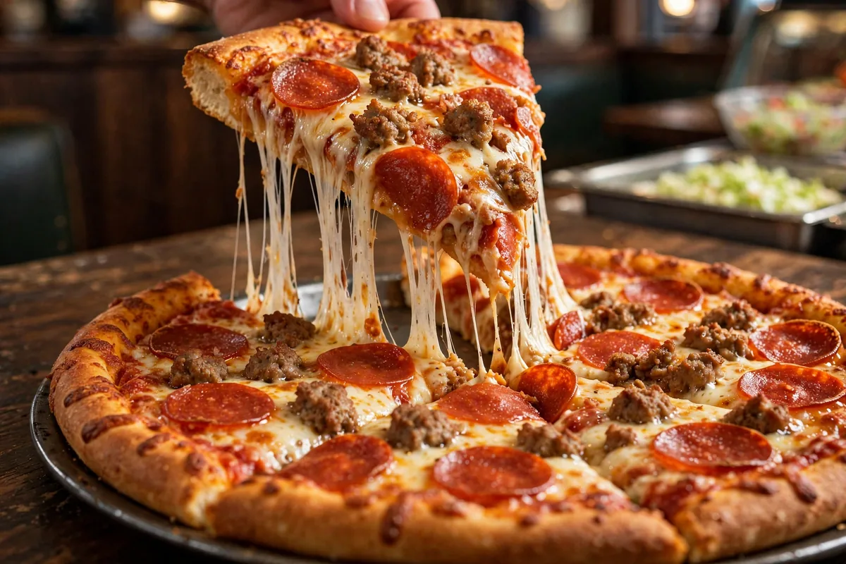 Mr Gatti's pizza menu prices 2026 cheesy pan pizza slice close up
