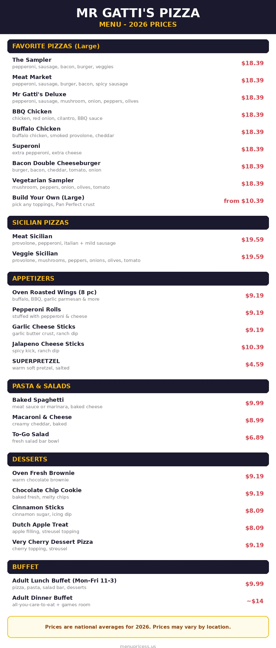 Mr Gatti's pizza menu prices 2026 menu card with full prices