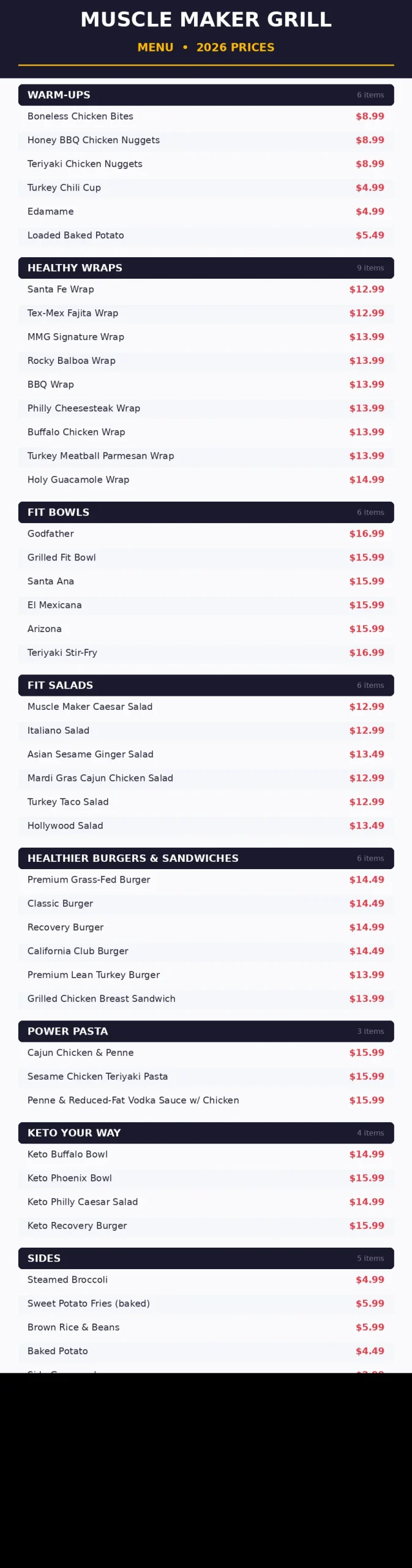 Muscle Maker Grill menu card with 2026 prices