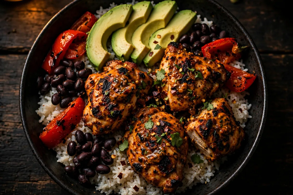 Nandos menu calories: flame-grilled peri-peri chicken bowl with rice and avocado
