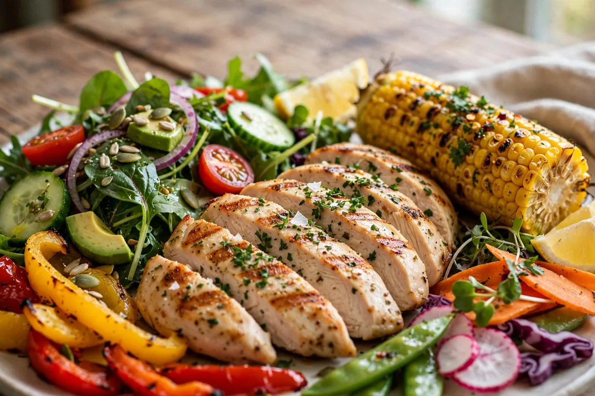 Nandos menu calories healthy options: grilled chicken breast with fresh salad and corn