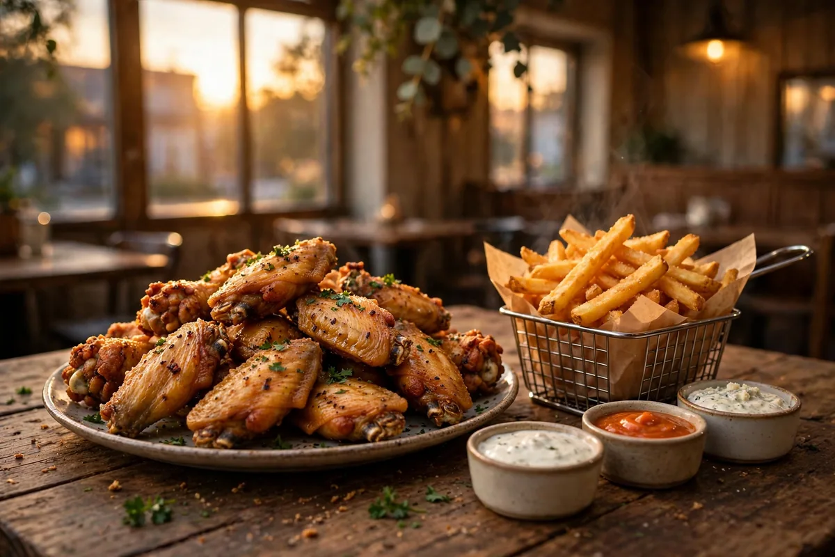 Nandos happy hour deals: chicken wings and fries platter with dips