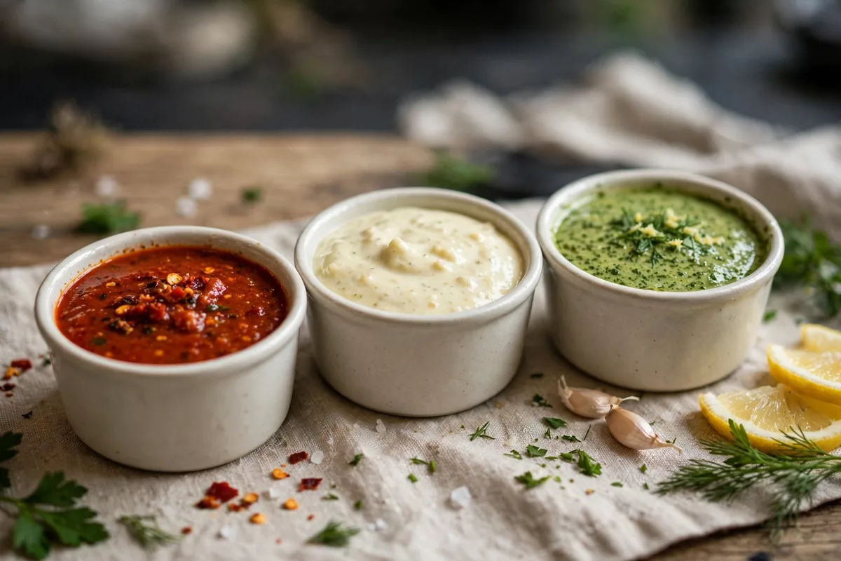 Nando's PERi-PERi secret menu sauce blends in small cups, red peri-peri, garlic and lemon herb