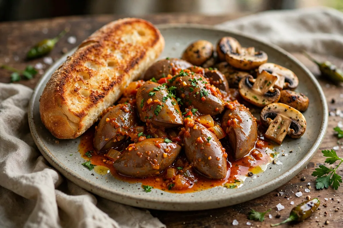 Nando's secret menu chicken livers in peri-peri sauce with Portuguese roll and grilled mushrooms