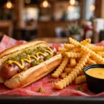 Nathan's Famous menu prices 2026 hot dog with crinkle-cut fries and cheese sauce