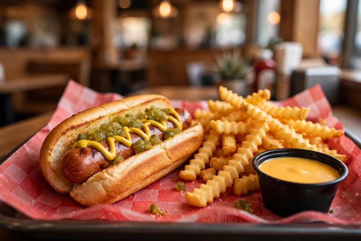 Nathan's Famous menu prices 2026 hot dog with crinkle-cut fries and cheese sauce