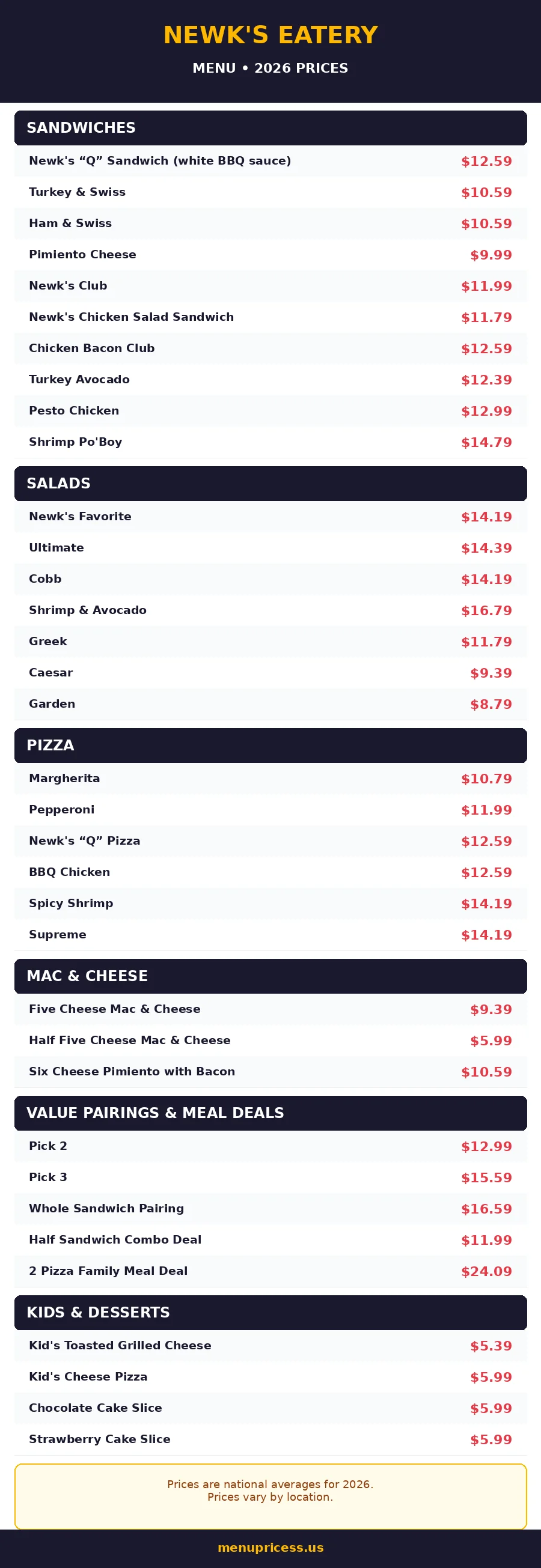 Newk's Eatery menu prices 2026 full menu card
