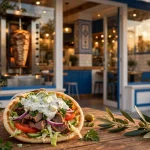 Nick the Greek deals, gyro pita at a Greek restaurant storefront
