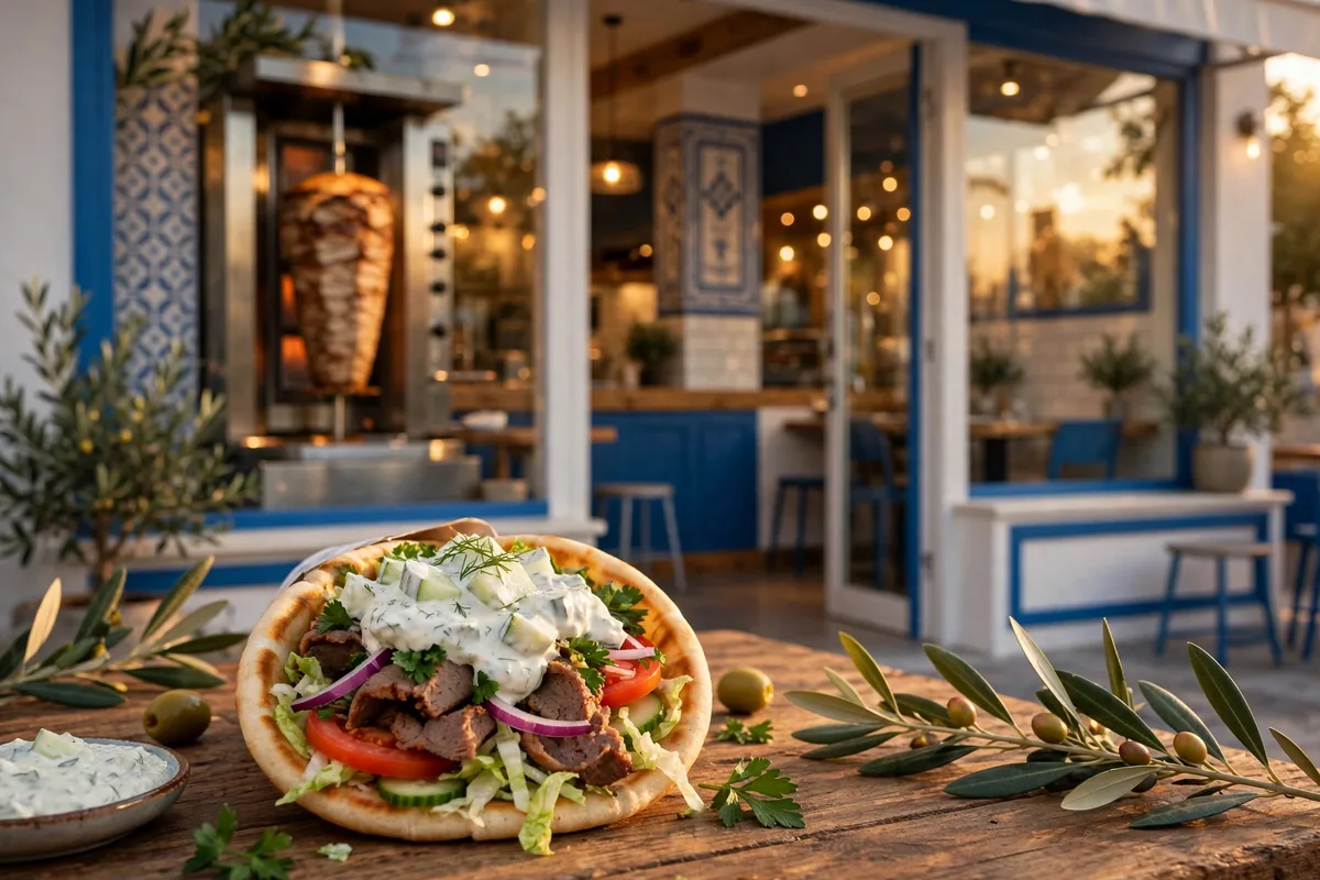 Nick the Greek deals, gyro pita at a Greek restaurant storefront
