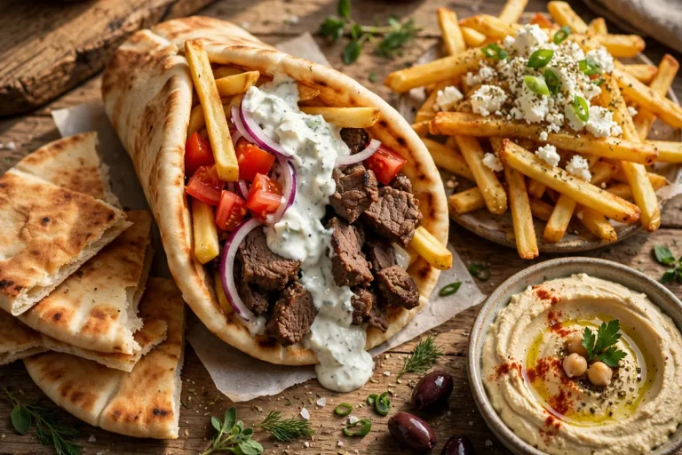 Nick the Greek secret menu hacks: gyro pita with fries, Greek fries with feta, hummus and pita