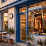 Nick the Greek working hours: Greek restaurant storefront with clock