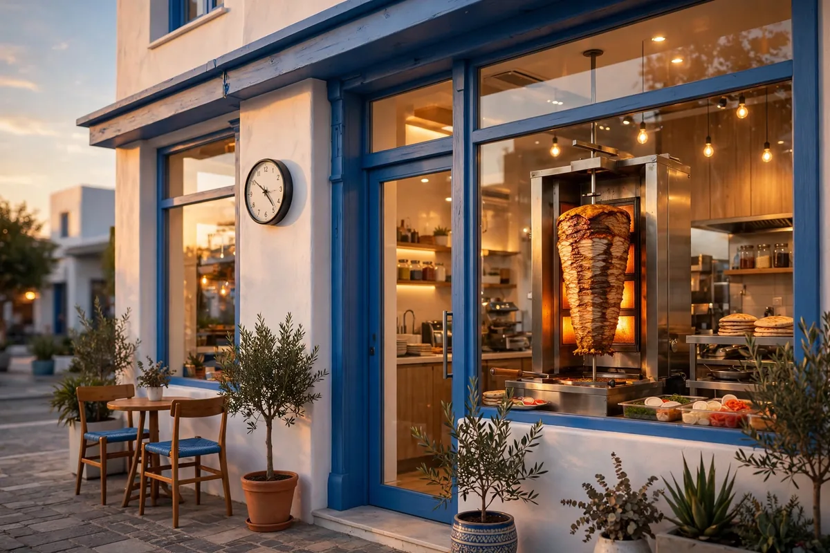 Nick the Greek working hours: Greek restaurant storefront with clock
