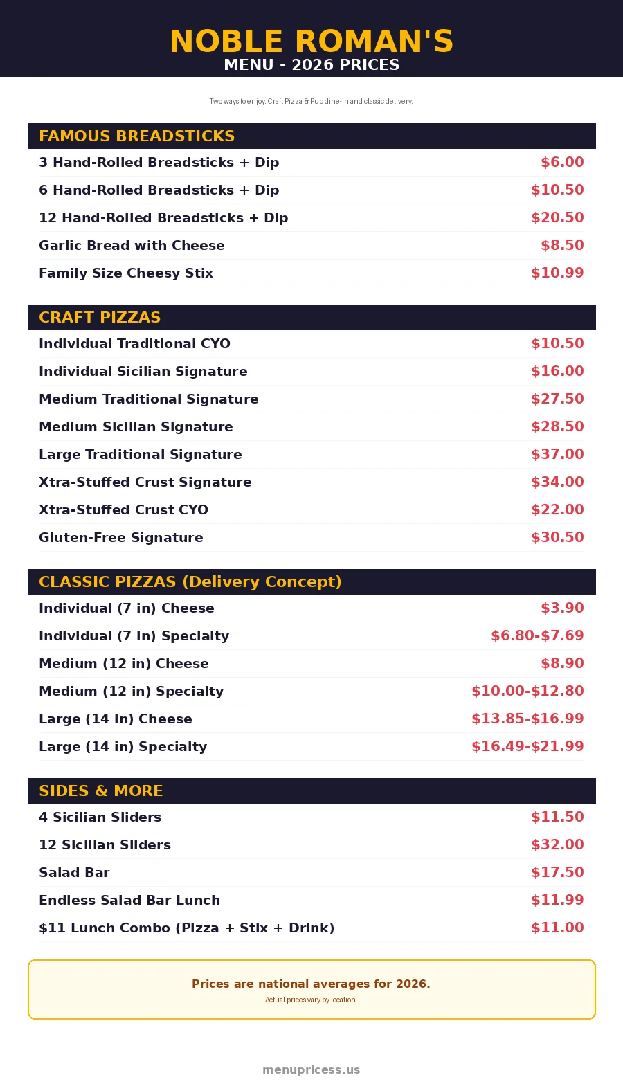 noble romans menu prices 2026 full menu card