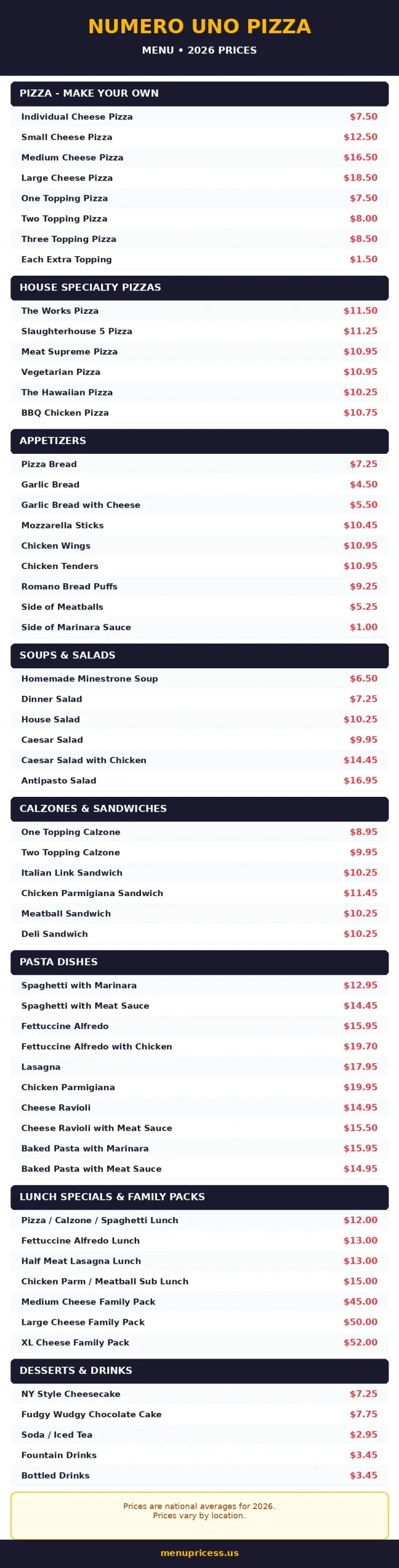 Numero Uno Pizza menu card with 2026 prices for pizzas, pasta, appetizers and lunch specials